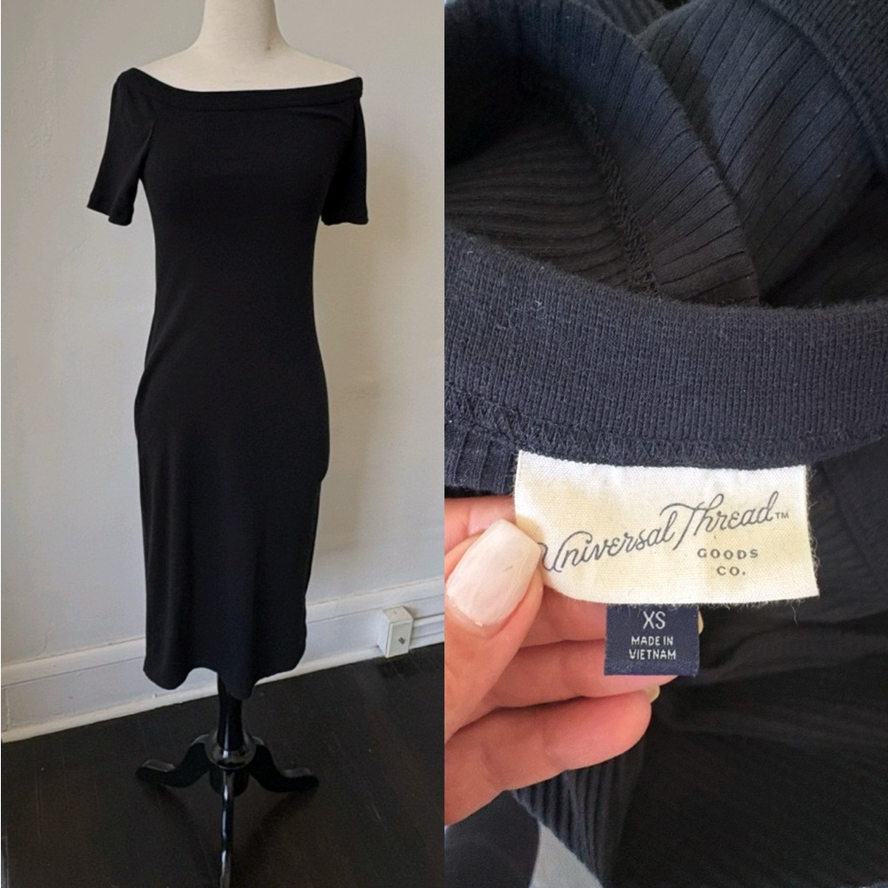 Universal Thread Women's Black Off-Shoulder Dress Bodycon Midi Dress Size XS